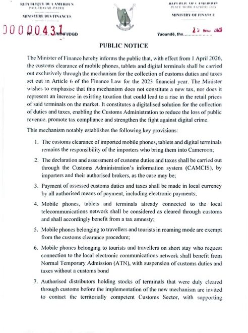 🇨🇲 CAMEROON: New Digital Regime for Mobile Phone & Tablet Customs Clearance Takes Effect April 1, 2026
