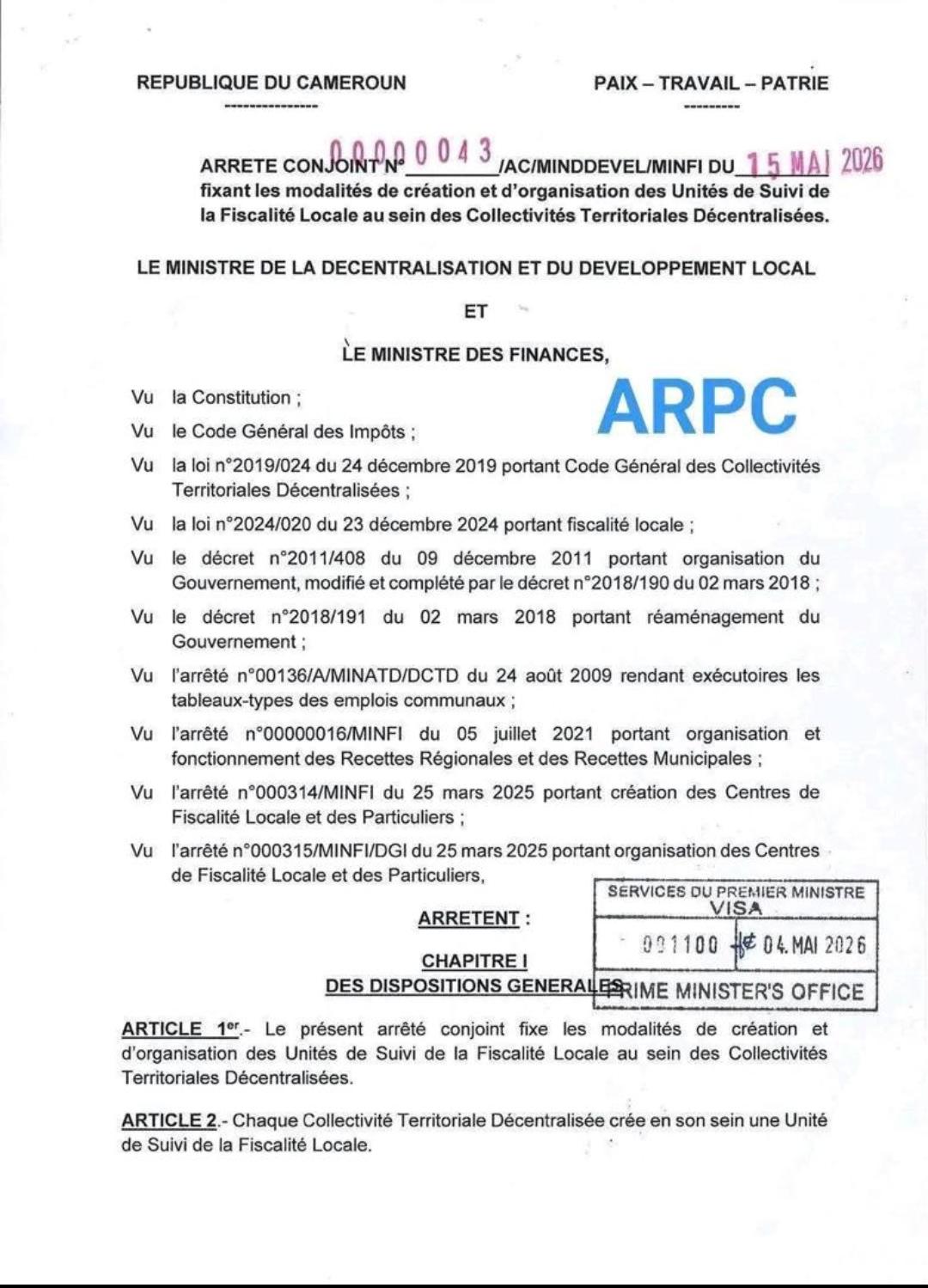 Detailed Analysis of Joint Order No. 0043/AC/MINDDEVEL/MINFI of 15 May 2026 (Local Tax Monitoring Units)